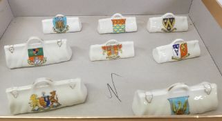 Crested Ware, Eight figures of Gladstone Bags including Coronet Ware, Griffin China, Florentine