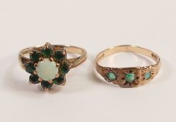 Two 9ct gold rings, both set with green stones and one with centre opal, 4.7g. (2)