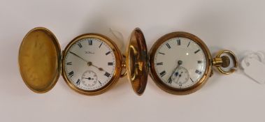 Two gold plated cased keyless full hunter pocket watches, sold as not working. No condition report
