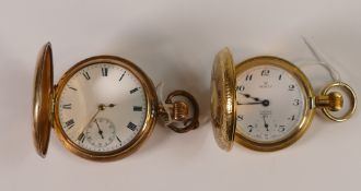 Two gold plated cased keyless half hunter pocket watches, both ticking. No condition report