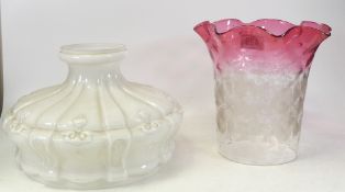 Two Oil Lamp Shades to include Etched Cranberry Glass example and another in white opaque glass (2)