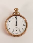 Gold plated keyless gents standard size pocket watch, missing glass & seconds hand. Winds, ticks,