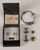 Lot including Warren James silver & diamond earrings, Pandora bracelet & small gilt metal locket.