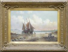 H. HUNTLEY (British, 19th Century) Coastal Maritime Scene. Populated by landed boat with 'R. J.