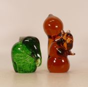Wedgwood Glass Paperweights to include Amber Squirrel, Green Speckled Elephant, tallest 15cm (2)