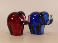 Wedgwood Glass Paperweights to include two Elephants one blue, one speckled rose, 10cm tall(2)