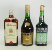 Three bottles of Spirits to include Ballantines Finest Scotch whiskey 1 Litre, Hine Cognac 100cl 40%