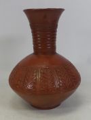 Ottoman Type Asyut Clay Vase. Incised foliate designs to body with ribbed neck and flared rim.
