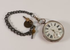 Heavy silver gents pocket watch and silver chain, not working, with damaged dial.