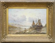 H. HUNTLEY (British, 19th Century) Coastal Maritime Scene. Populated by landed boat and beachcombers