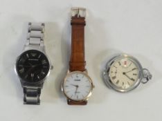 Gentlemans Emporio Armani stainless steel quartz wristwatch, Sekonda pocket watch together with