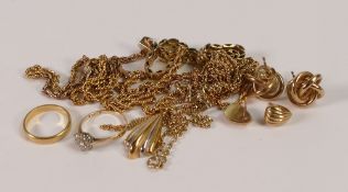 assorted 9ct gold jewellery including, ring, chains, earrings & pendant, 48g.