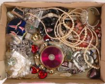 A collection of costume jewellery including 8 new gold plated necklaces, beads, earrings, compacts