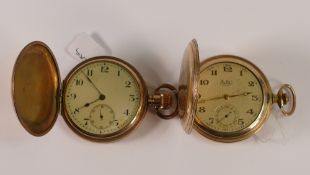 Two gold plated cased keyless full hunter pocket watches, sold as not working. No condition report
