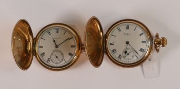 Two gold plated cased keyless full hunter pocket watches, sold as not working. No condition report