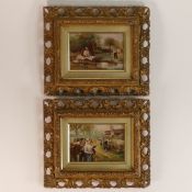 Pair of 19th century framed continental romantic scenes. 'Le jour de St. Roch' and 'Lavandiere'.