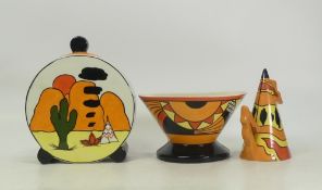 A Collection of Lorna Bailey, Hand painted items to include 'Wild West' Lidded Pot, 'Fire' Sugar