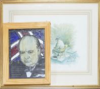 Stained glass portrait of Sir Winston Churchill and John S. Churchill watercolour painting depicting