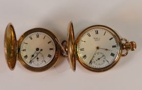 Two gold plated cased keyless full hunter pocket watches, sold as not working. No condition report