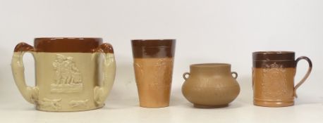 Doulton Lambeth, Four Stoneware Items including Hunting Tyg (one restored handle), Royal