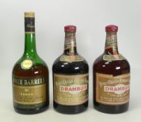 Three bottles of Spirits to include Three Barrels V.S.O.P Rare Old French Brandy 1 litre 40% Vol.