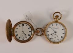 Two gold plated cased keyless pocket watches, one a full hunter, the other Hurcules lever by Lette
