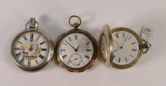 Three large gents pocket watches watches, one with coloured enameled dial, no keys so sold as not
