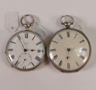 Two silver cased pocket watches, no keys so sold as not working. No condition report available on