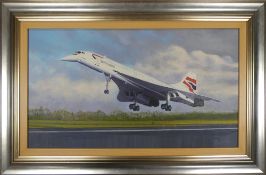 'Concorde - The Final Touch Down' oil on canvass by Stephen Brown, signed on the back by Captain Les