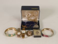 Ladies costume jewellery including Seiko and Sekonda wristwatches, earrings, Silver coin pendant and