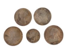 Victoria Half-crowns, Florins & shilling - 2/6 1889 1893, 2 x gothic florins (1 with date worn) &