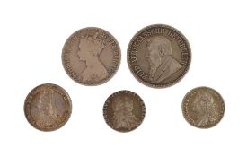 Silver coins including George III 1757 and 1787 Shillings, Early Florin, 1887 Shilling and 1892