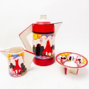 Wedgwood ‘Summerhouse’ pattern Bizarre design by Clarice Cliff, conical coffee set.