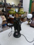 Figural resin twin table lamp with glass shades, height 67cm.