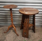 Arts and Crafts occasional table on tri-form base, together with an oak wine table, height of