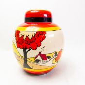 A Wedgwood Clarice Cliff hand-painted ginger jar, decorated in the House and Bridge pattern, with