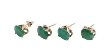 Two pairs of 14ct gold Emerald Earrings, 2.1g. (4)