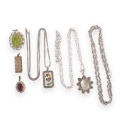 Assorted sterling silver chains & pendants, some stones, gross 77g.