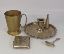 A small collection of items to include a Cigarette case, candlestick holder, etc.