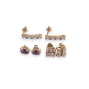 Pair of 9ct gold and white stone earrings 3.59g, together with 2 pairs on earrings which appear as