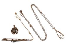 9ct gold pendant and chain 2.5g, 9ct gold bar brooch set with three blue stones 2.2g and yellow