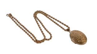 9ct gold oval locket and rope twist necklace, 6.1g.