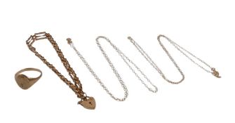 9ct gold gate bracelet, ring and two necklaces, 6g.