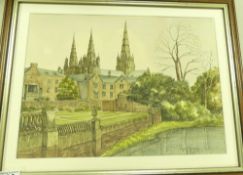 Jane Pearson (Local Artist) 'Lichfield Cathedral'. Pen and Wash. Framed behind glass. Glass a/f.