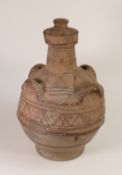 Large Old Earthenware Lidded Urn with Pre-Columbian design, Height 42cm.