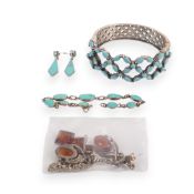 Sterling silver jewellery including turquoise set bangle, necklet & earrings, together with faux