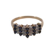 9ct gold dress ring set with dark blue and white stones, size T, 2.6g.