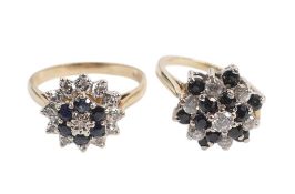 Two ladies 9ct gold rings, both cluster set with dark blue and white stones, one size O and one size