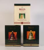 Three Bell's Whiskey full, sealed and boxed Christmas decanter's from 1992, 1995 and 1998, 40% Vol