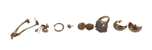 A collection of yellow metal earrings, electronically tested to be 9ct gold, 3g together with